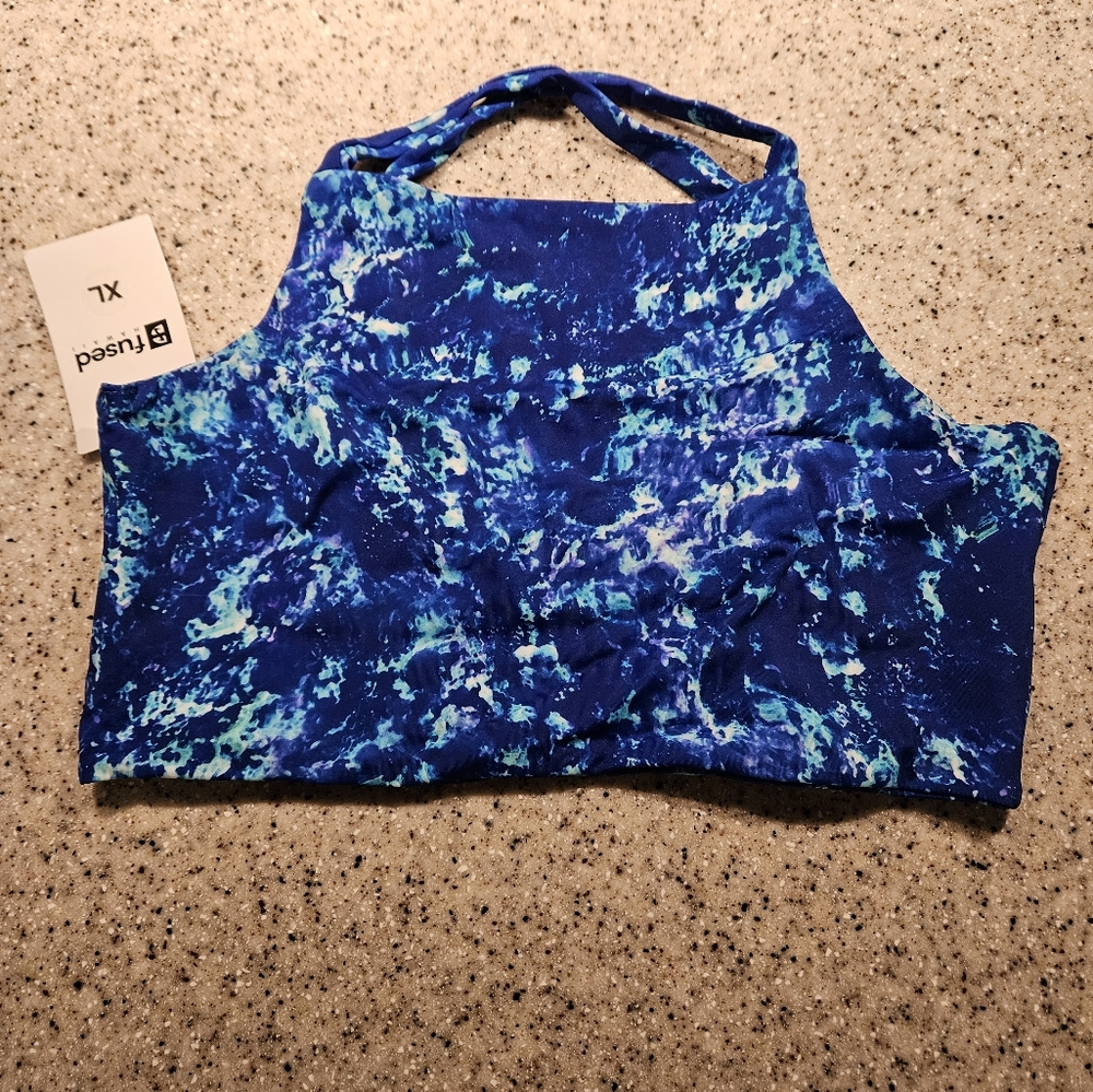 Blue and White Patterned Sports Bra